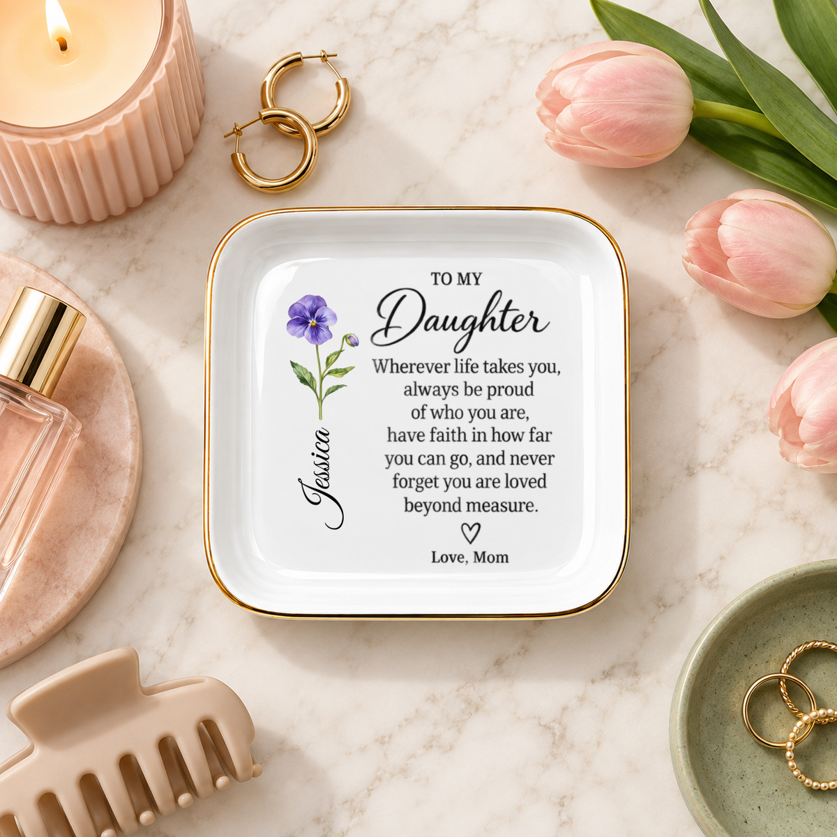 Personalized Daughter Jewelry Dish | Birth Flower Keepsake