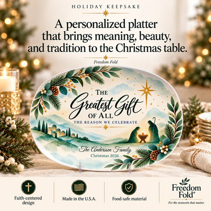 Christian Family Christmas Platter, Greatest Gift Watercolor Nativity Serving Platter, Personalized Holiday Gift