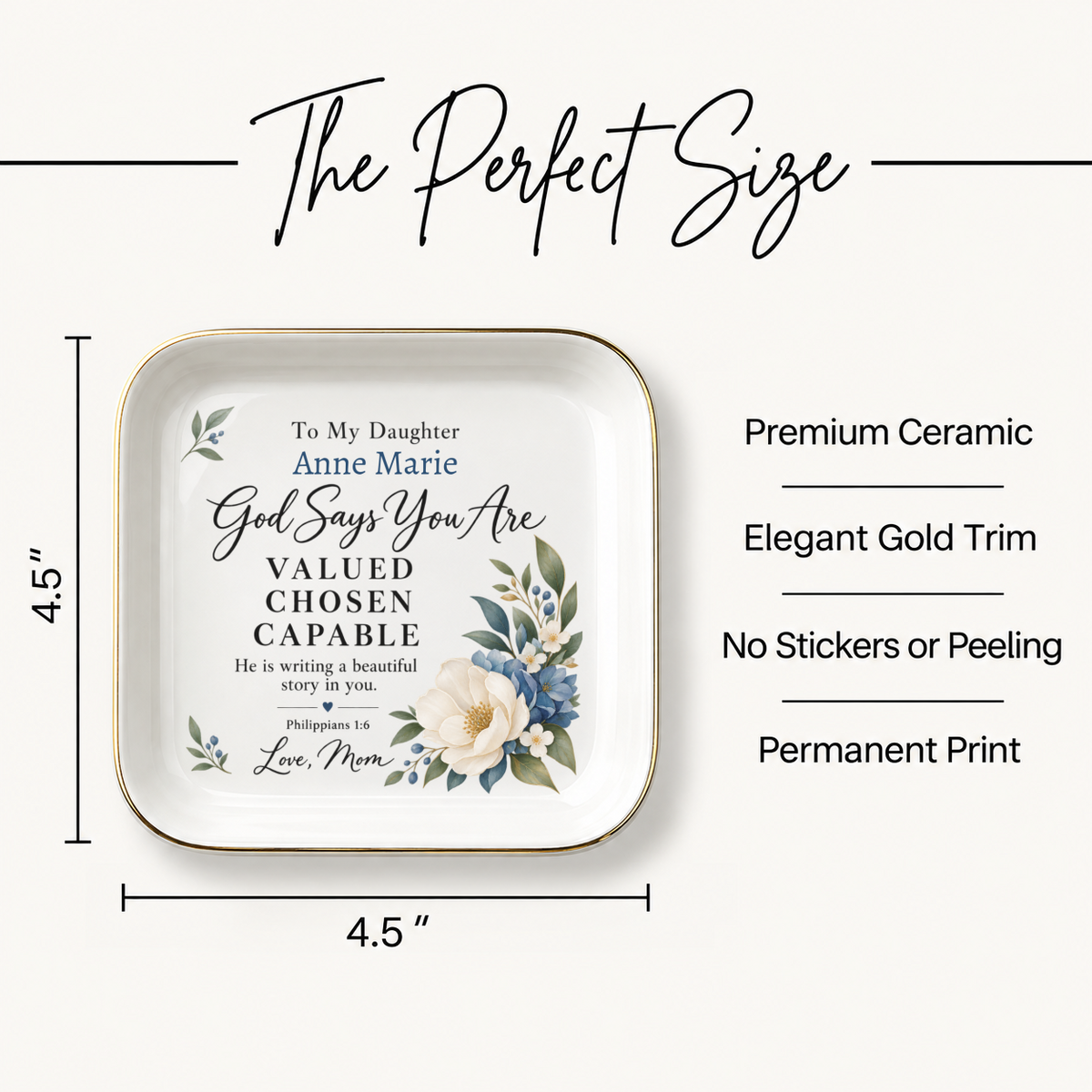 Custom Name Jewelry Dish, Floral Flower Design, "God Says You Are" Affirmation, Gift Ready