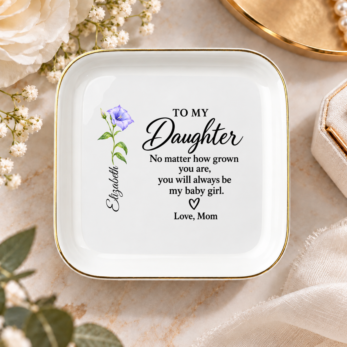 Personalized Daughter Jewelry Dish with Custom Flower, Gift from Mom