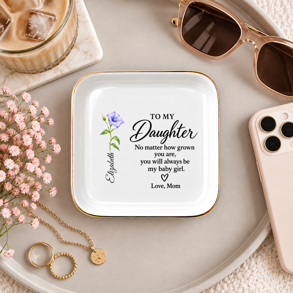Personalized Daughter Jewelry Dish with Custom Flower, Gift from Mom