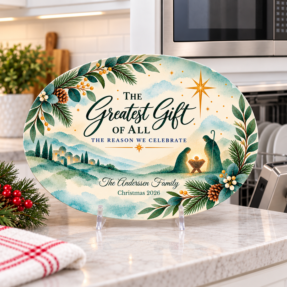 Christian Family Christmas Platter, Greatest Gift Watercolor Nativity Serving Platter, Personalized Holiday Gift