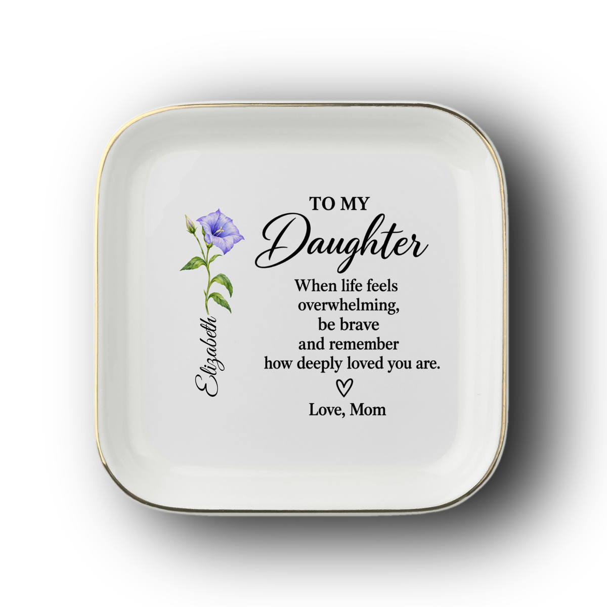 A square white ceramic plate with rounded corners and a thin gold rim, featuring an illustration of a fairy with pastel blue wings and a crescent moon. Below the illustration, the text 'Enter Name Here.