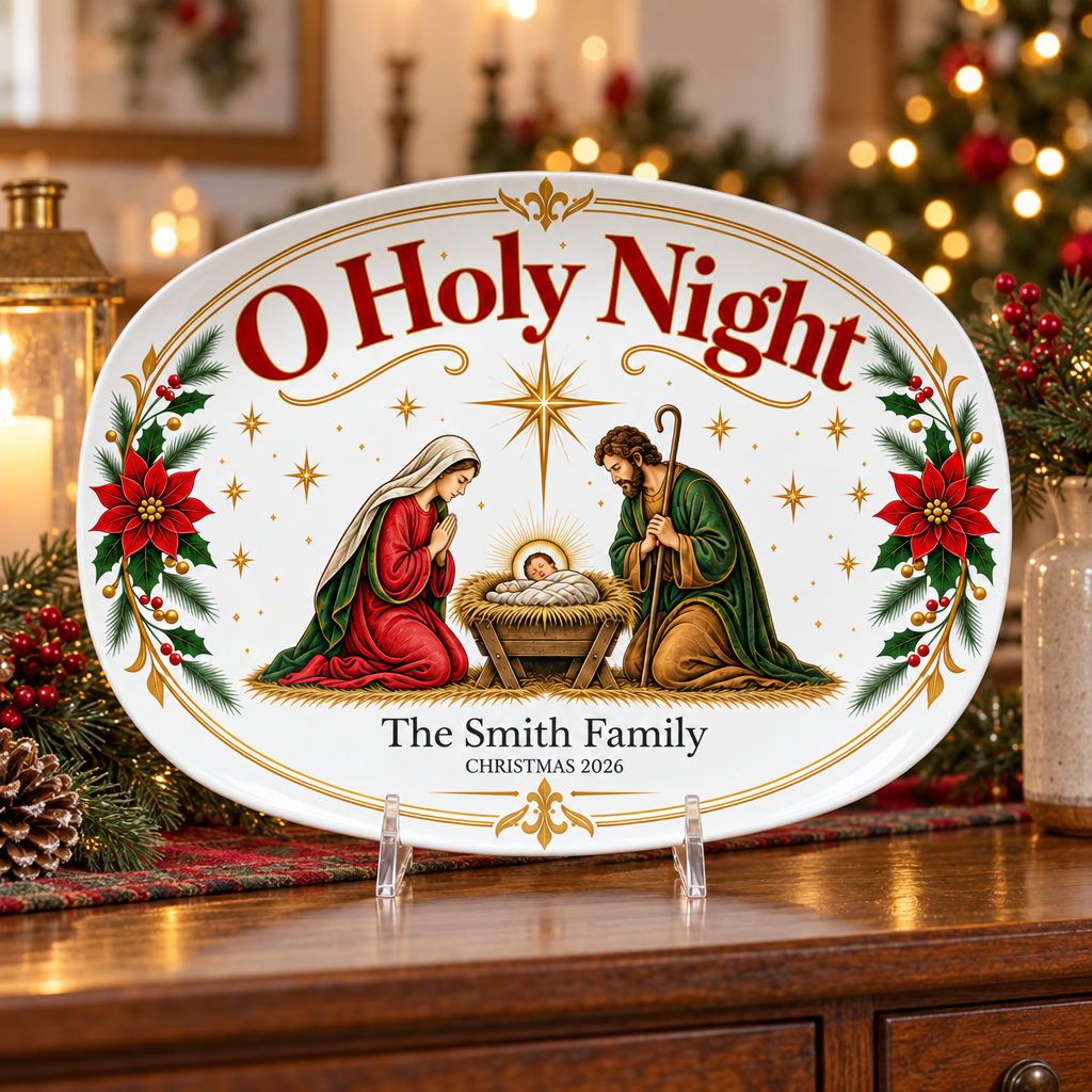 Personalized O Holy Night Nativity Platter - Family Name & Year, 10x14 Oval