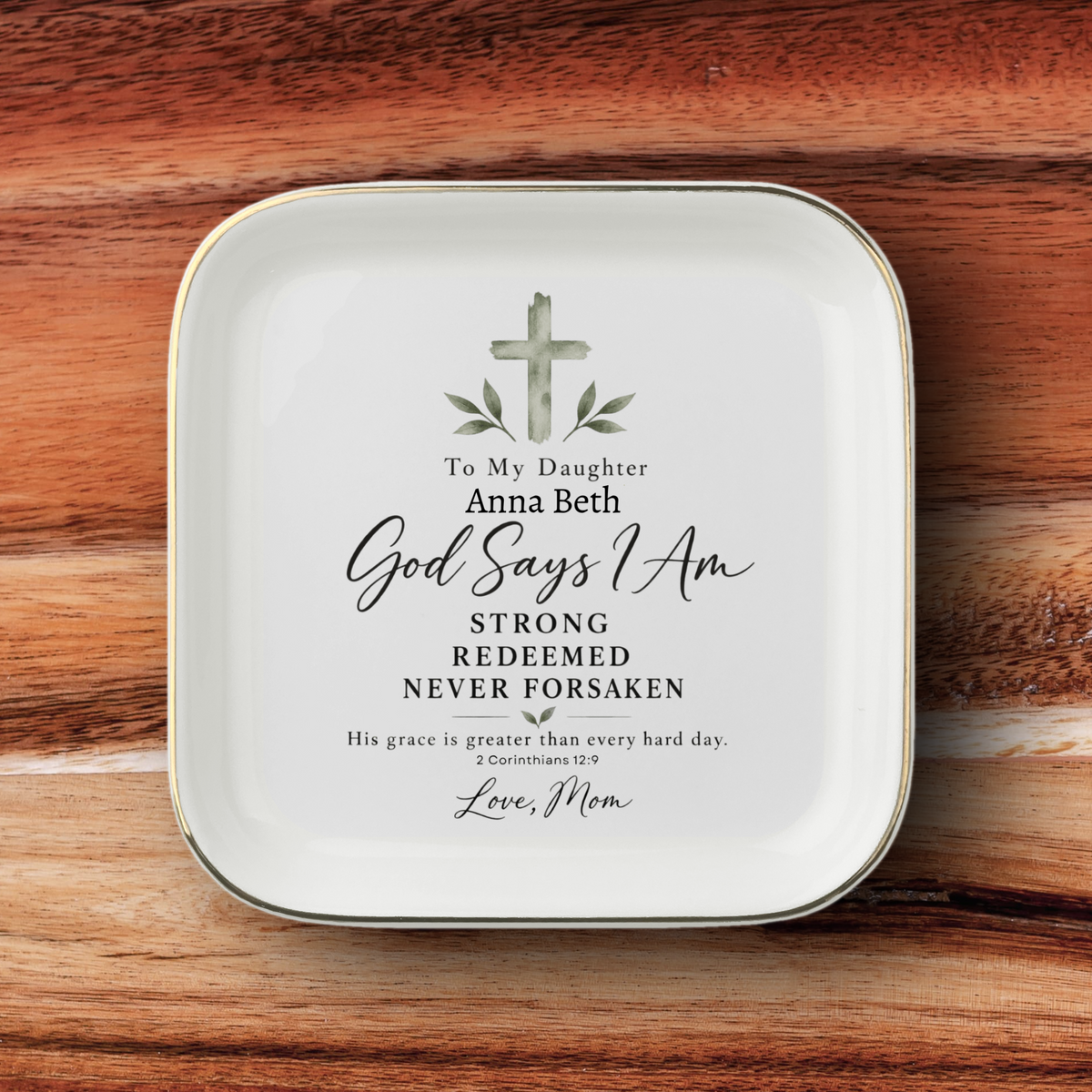 Personalized Christian Jewelry Dish with Cross Top, Custom Name, Mom to Daughter Keepsake