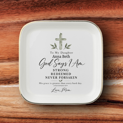 Personalized Christian Jewelry Dish with Cross Top, Custom Name, Mom to Daughter Keepsake