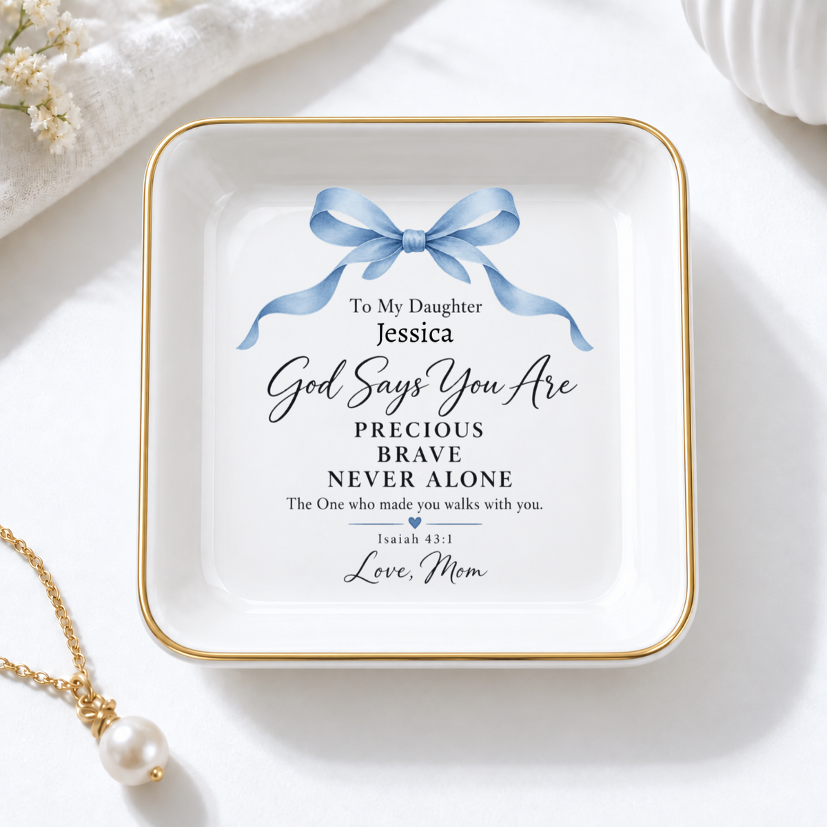 Personalized "God Says You Are" Daughter Jewelry Dish, Custom Name, Bow Accent