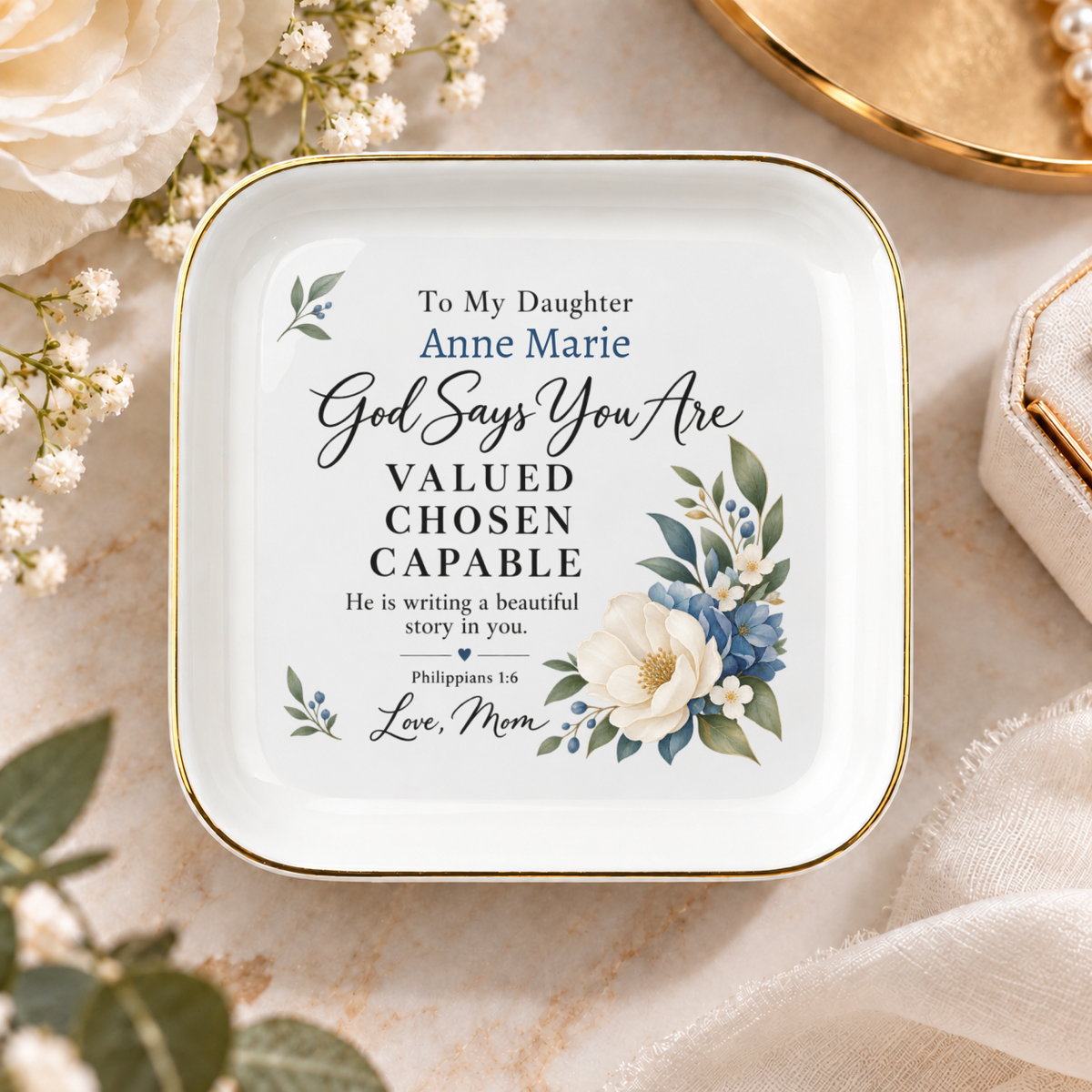 Custom Name Jewelry Dish, Floral Flower Design, "God Says You Are" Affirmation, Gift Ready