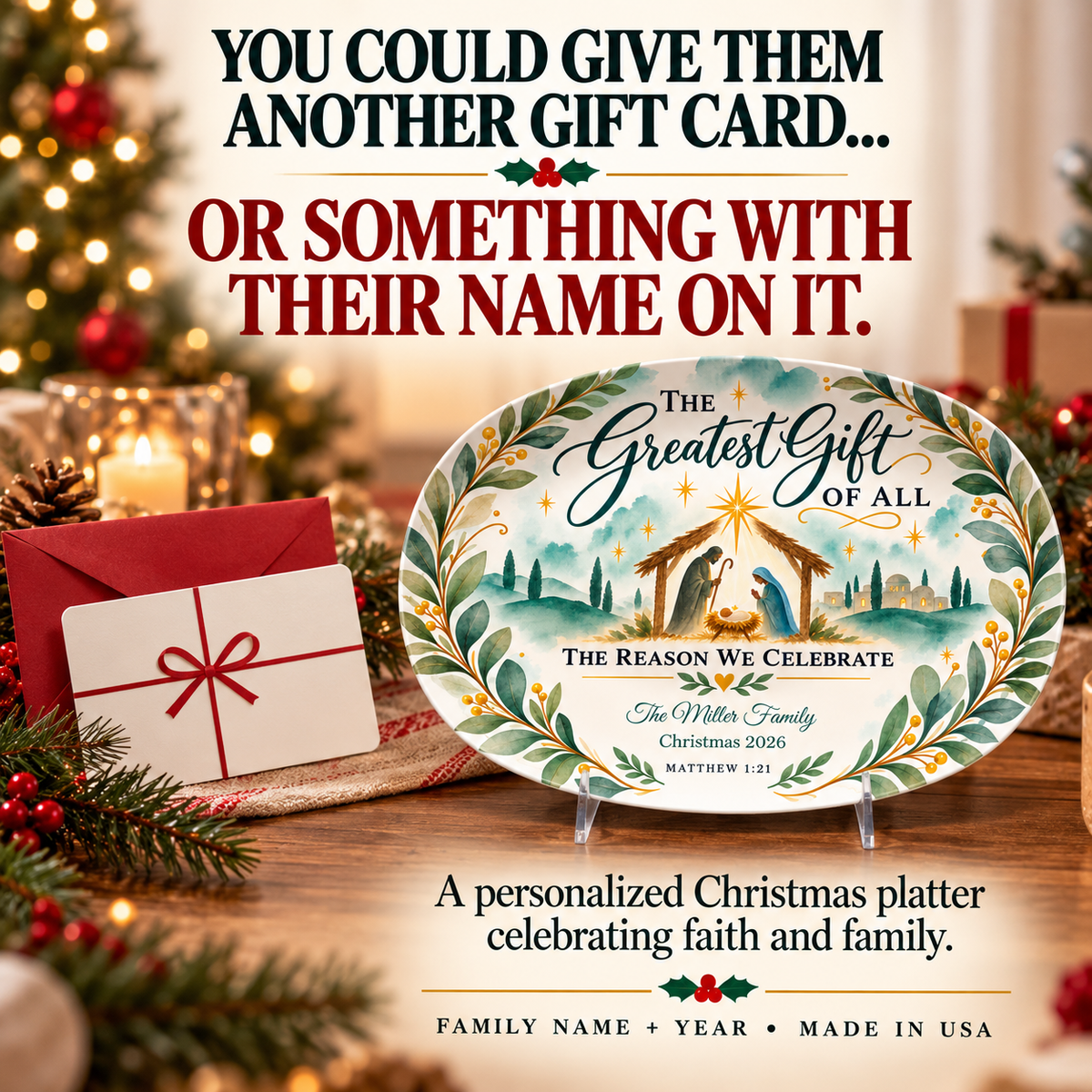 Personalized Nativity Christmas Platter, Greatest Gift Family Keepsake, Christian Christmas Serving Platter