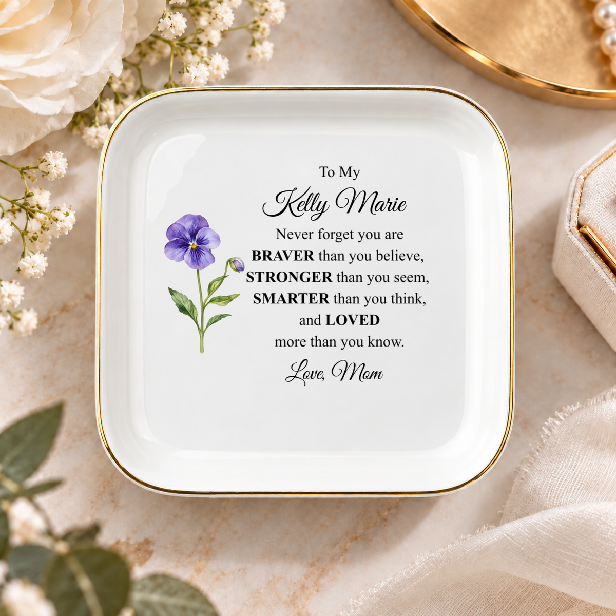 Personalized Daughter Jewelry Dish from Mom | Personalized Name and Floral Design