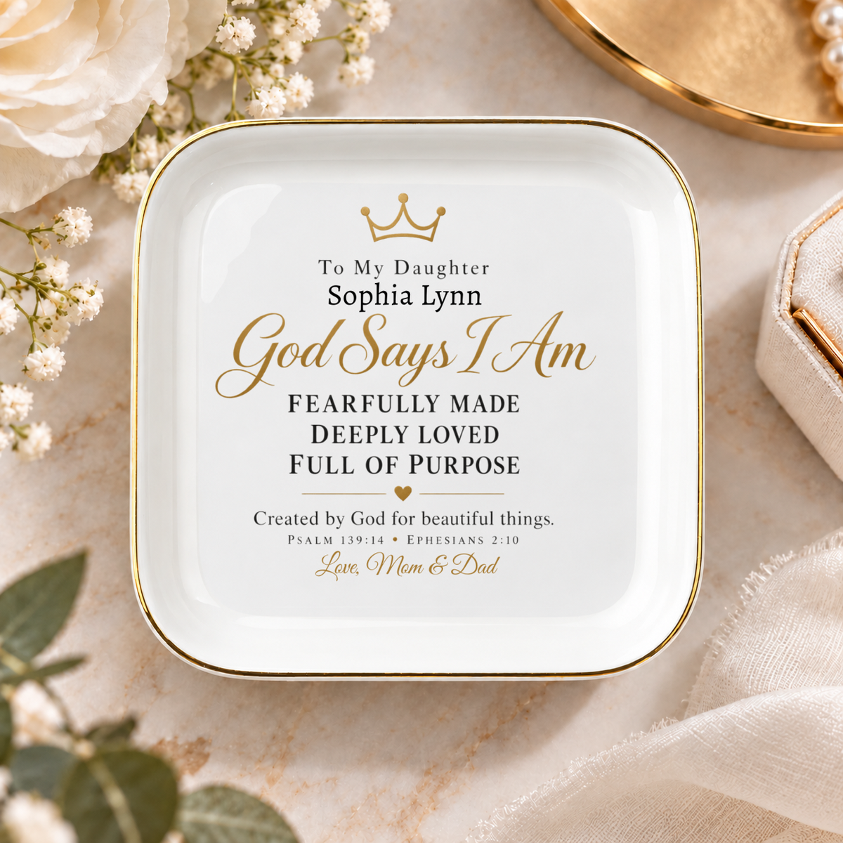 God Says I Am Personalized Jewelry Dish for Daughter, Crown Motif, Custom Name, Keepsake Gift