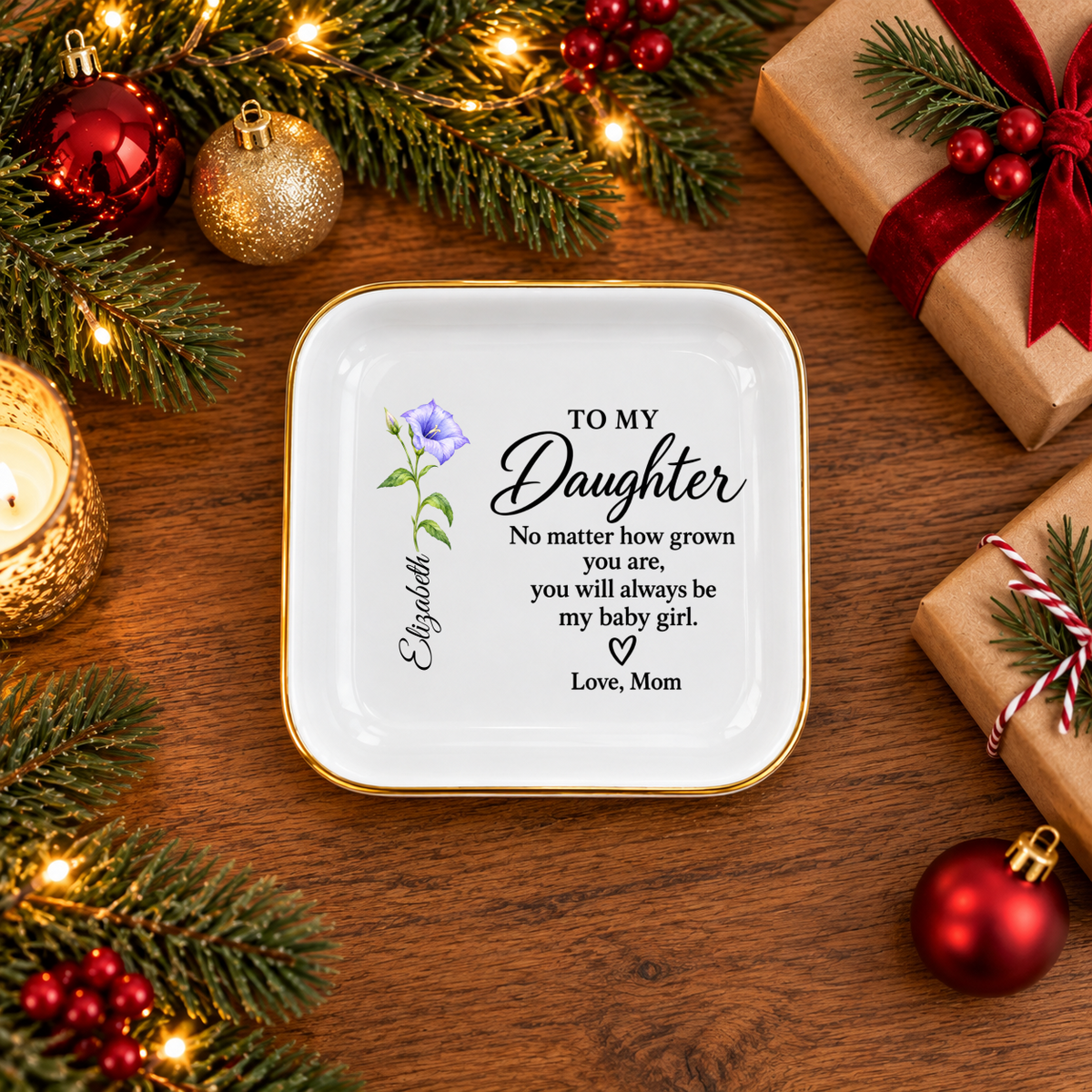 Personalized Daughter Jewelry Dish with Custom Flower, Gift from Mom