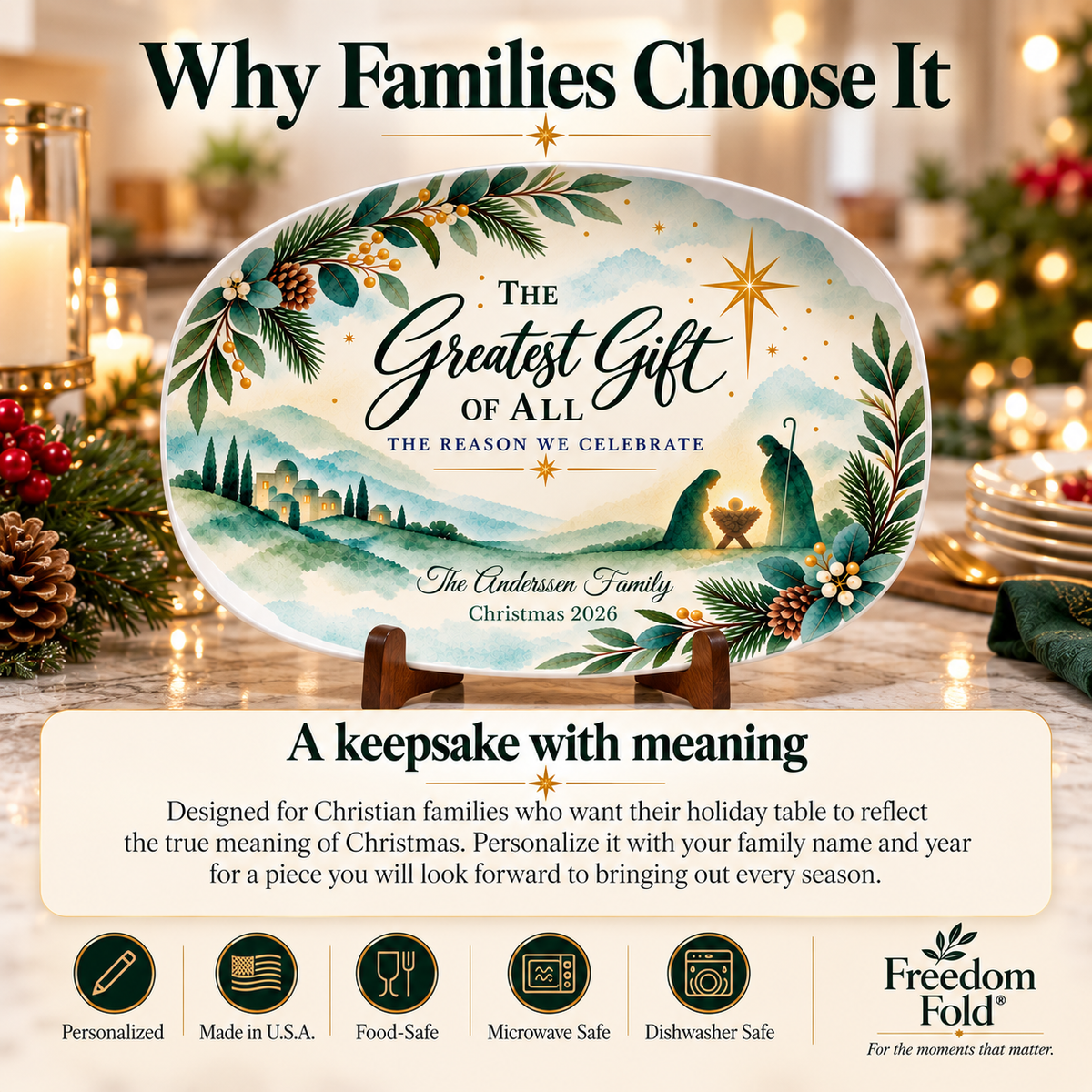 Christian Family Christmas Platter, Greatest Gift Watercolor Nativity Serving Platter, Personalized Holiday Gift