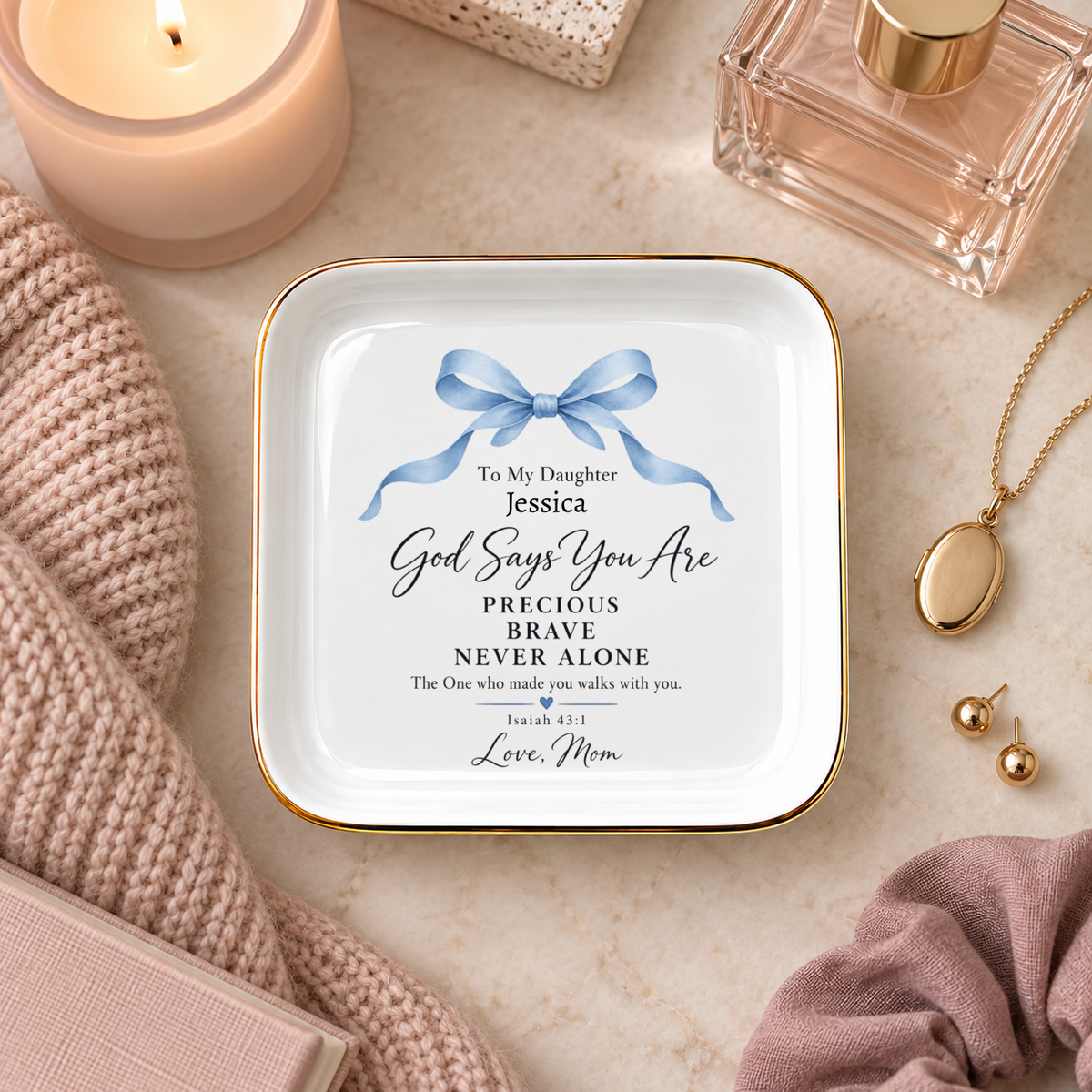 Personalized "God Says You Are" Daughter Jewelry Dish, Custom Name, Bow Accent