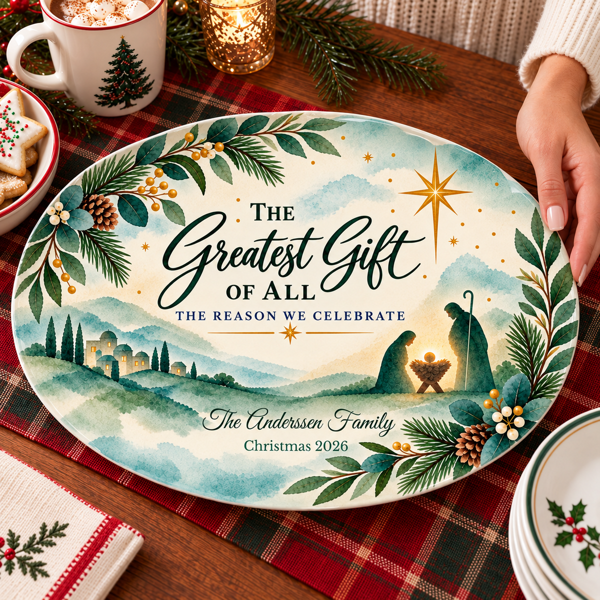 Christian Family Christmas Platter, Greatest Gift Watercolor Nativity Serving Platter, Personalized Holiday Gift