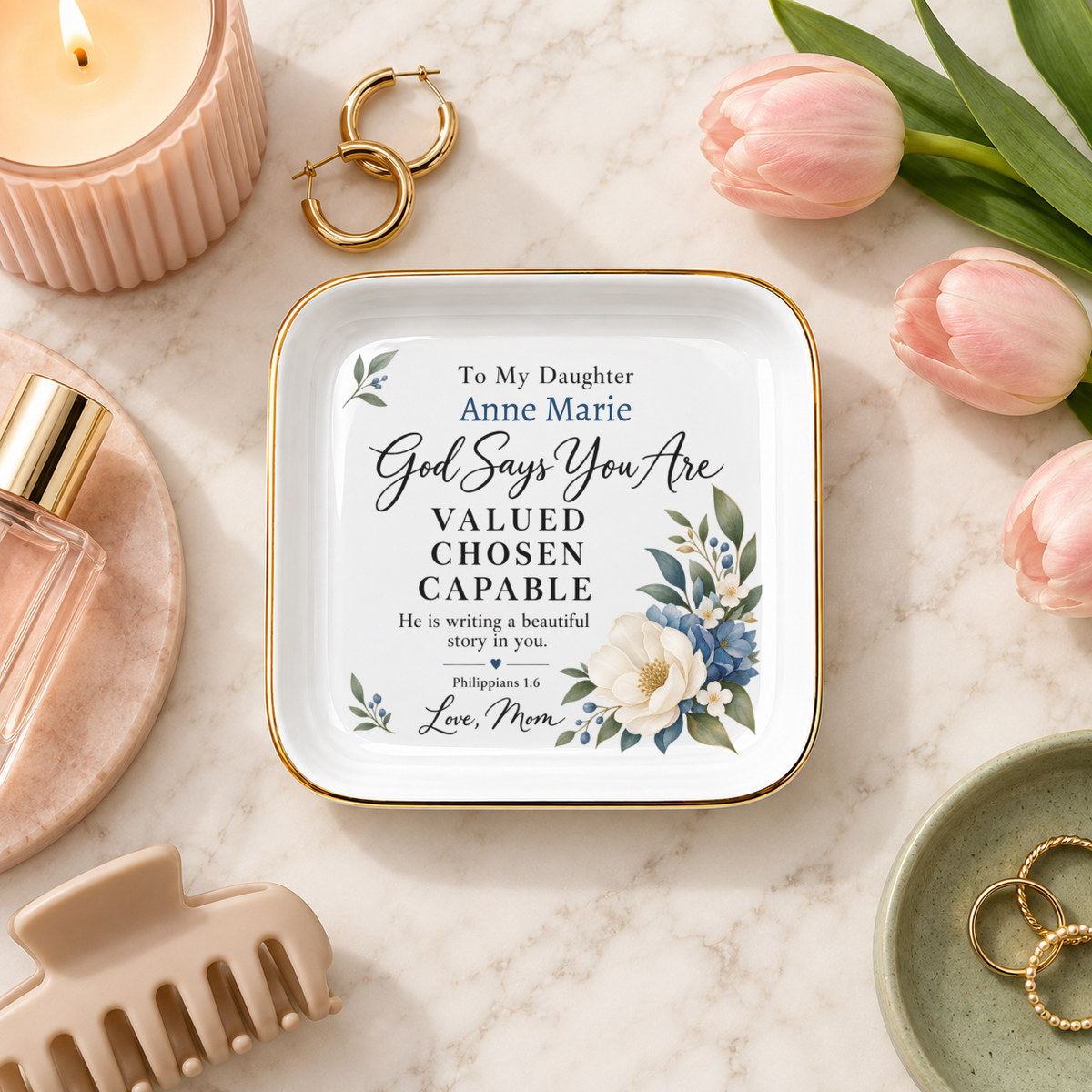 Custom Name Jewelry Dish, Floral Flower Design, "God Says You Are" Affirmation, Gift Ready