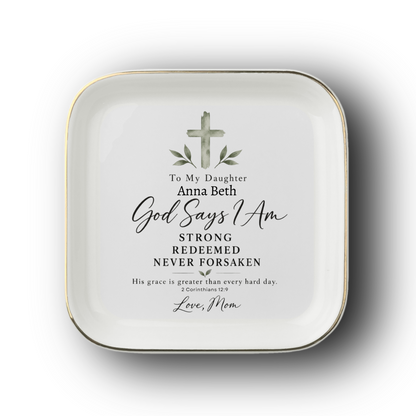 Personalized Christian Jewelry Dish with Cross Top, Custom Name, Mom to Daughter Keepsake