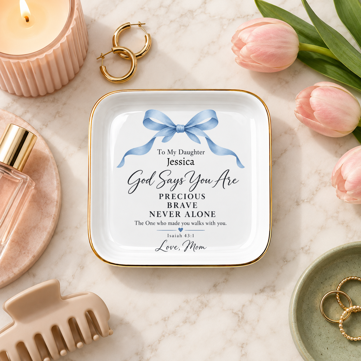Personalized "God Says You Are" Daughter Jewelry Dish, Custom Name, Bow Accent