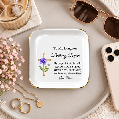 Ornate Cross and Daughter’s Prayer Jewelry Dish | Faith Inspired Ceramic Trinket Tray | Christian Gift from Mom