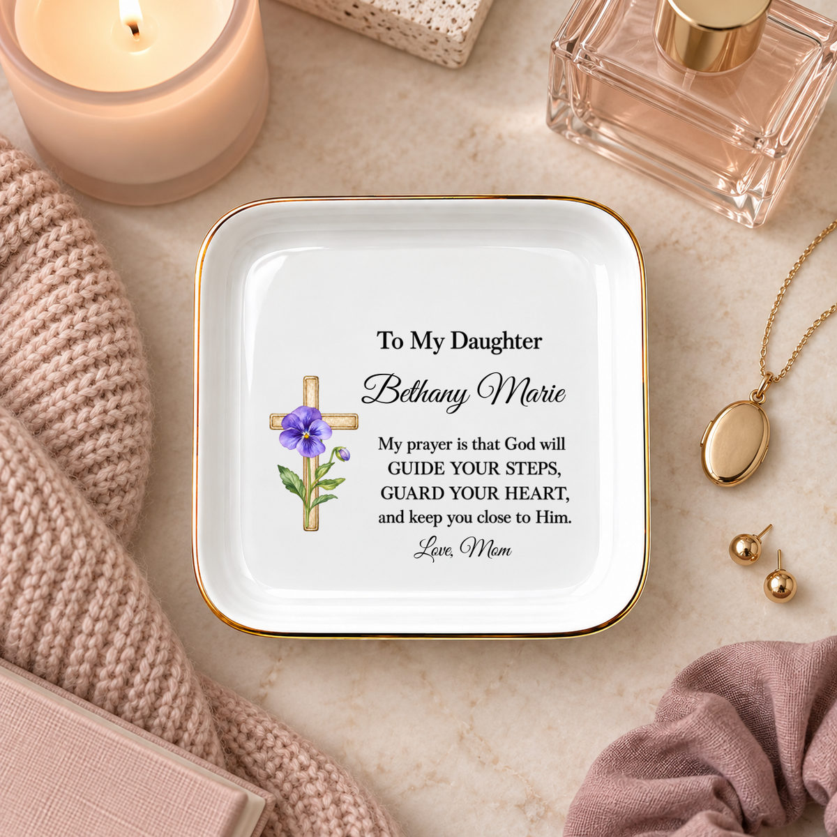 Ornate Cross and Daughter’s Prayer Jewelry Dish | Faith Inspired Ceramic Trinket Tray | Christian Gift from Mom