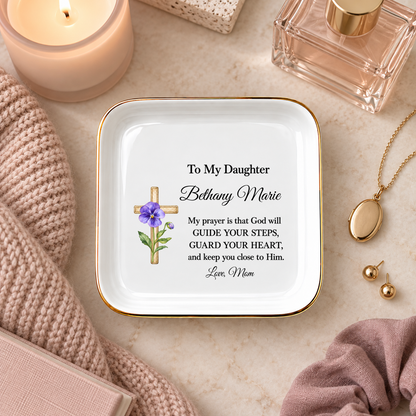 Ornate Cross and Daughter’s Prayer Jewelry Dish | Faith Inspired Ceramic Trinket Tray | Christian Gift from Mom
