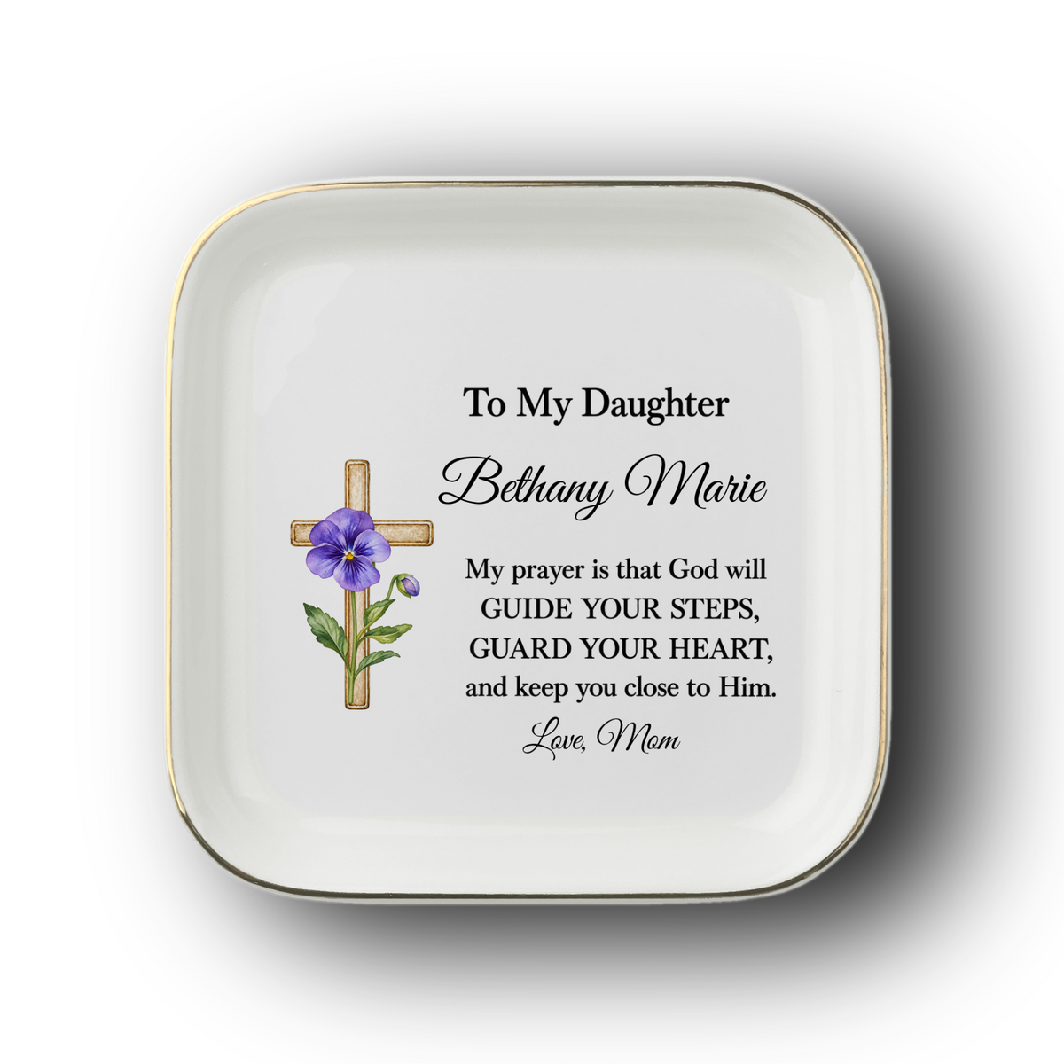 Ornate Cross and Daughter’s Prayer Jewelry Dish | Faith Inspired Ceramic Trinket Tray | Christian Gift from Mom