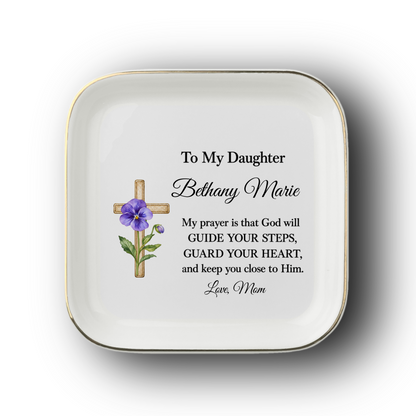 Ornate Cross and Daughter’s Prayer Jewelry Dish | Faith Inspired Ceramic Trinket Tray | Christian Gift from Mom