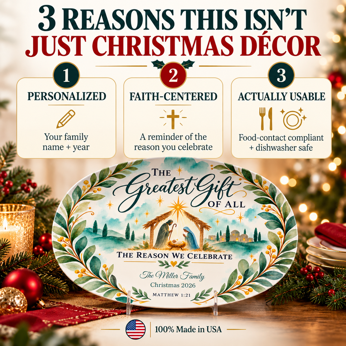 Personalized Nativity Christmas Platter, Greatest Gift Family Keepsake, Christian Christmas Serving Platter