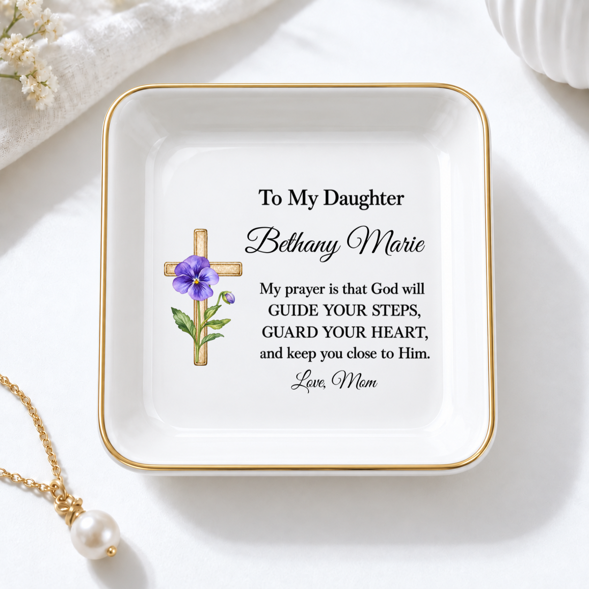 Ornate Cross and Daughter’s Prayer Jewelry Dish | Faith Inspired Ceramic Trinket Tray | Christian Gift from Mom