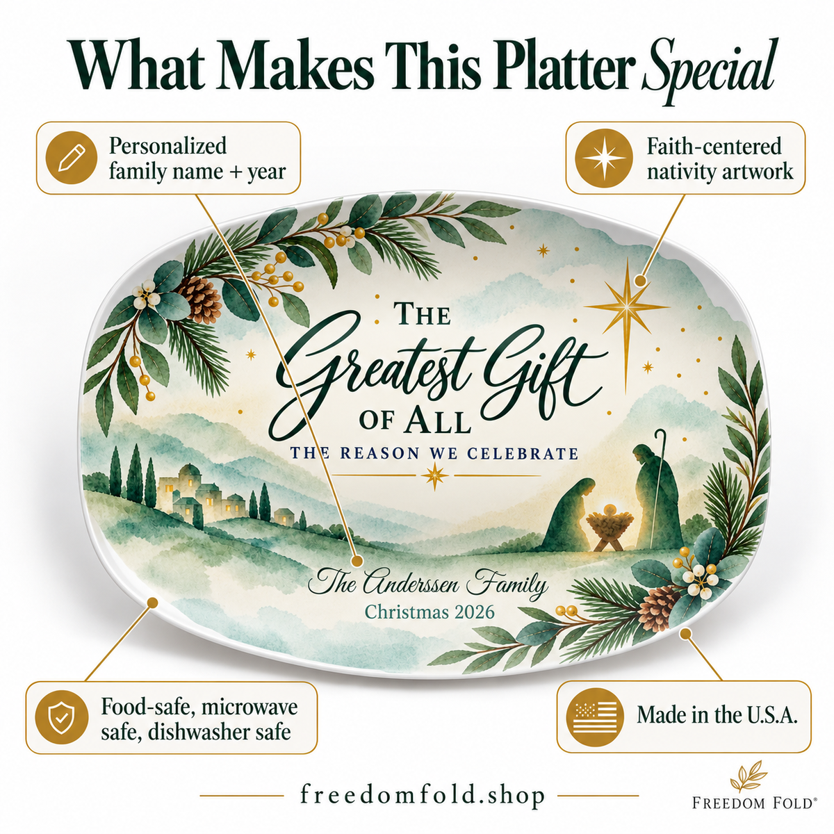 Christian Family Christmas Platter, Greatest Gift Watercolor Nativity Serving Platter, Personalized Holiday Gift