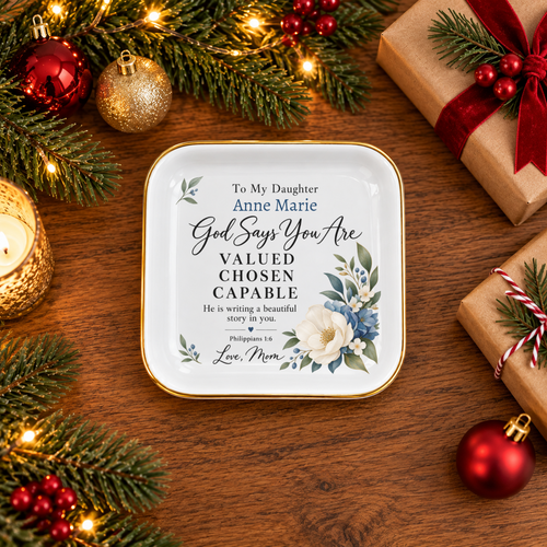 Custom Name Jewelry Dish, Floral Flower Design, "God Says You Are" Affirmation, Gift Ready