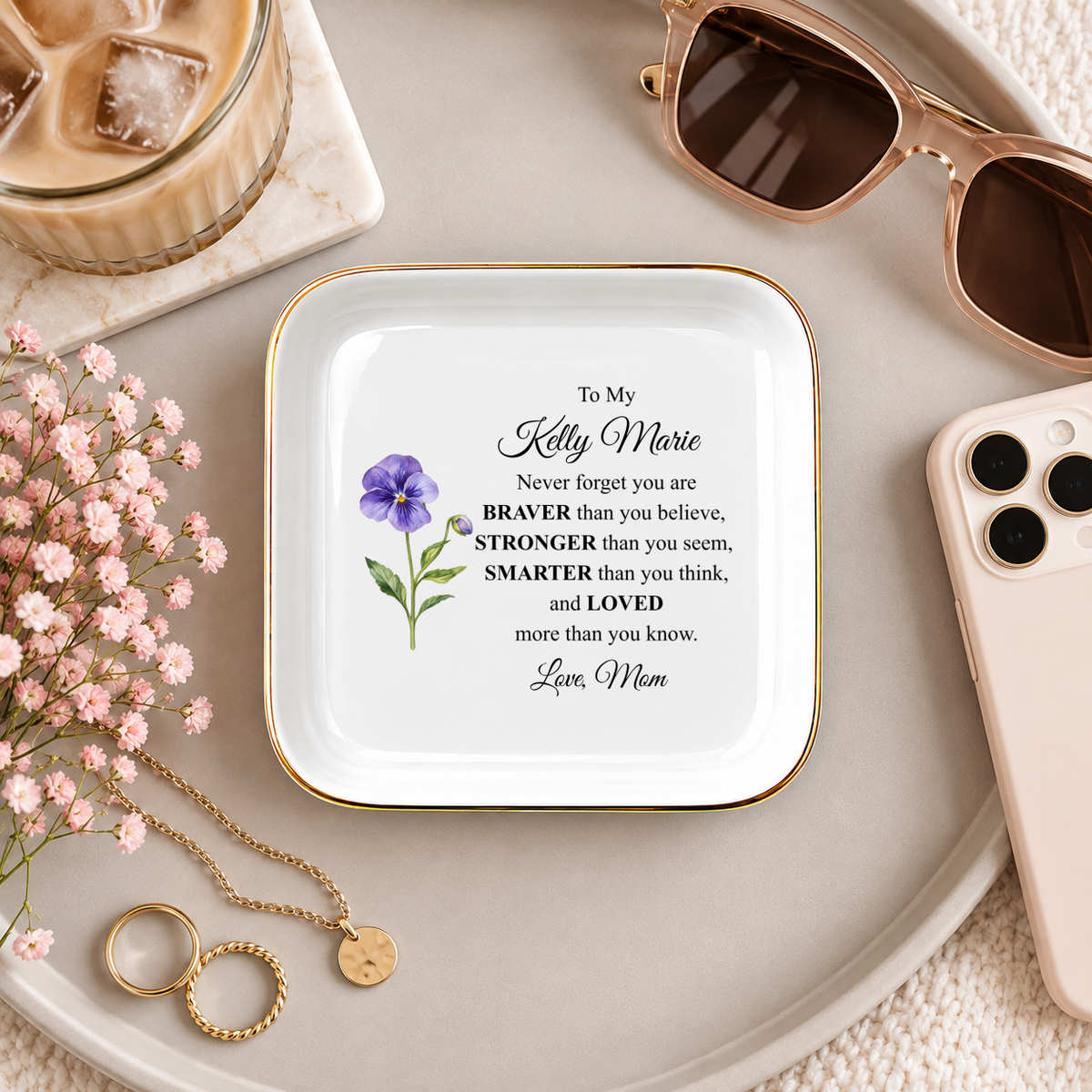 Personalized Daughter Jewelry Dish from Mom | Personalized Name and Floral Design