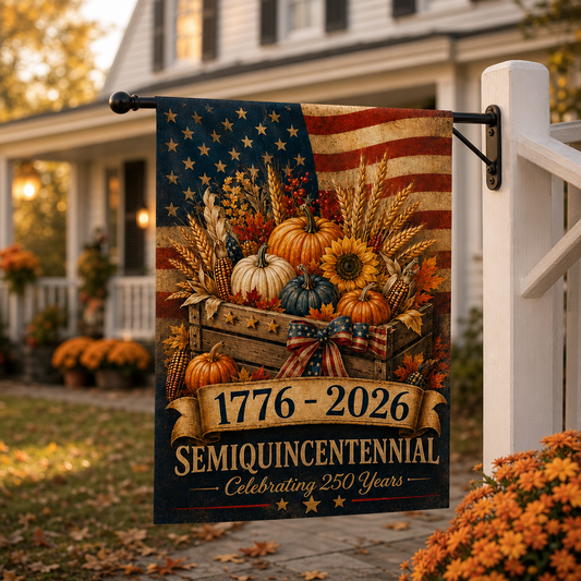 250 Years of Freedom Semiquincentennial Garden Flag on porch lifestyle