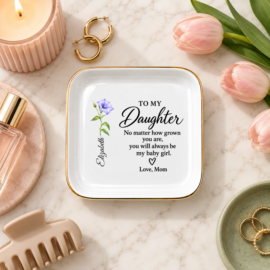 Personalized Daughter Jewelry Dish with Custom Flower, Gift from Mom