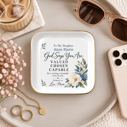 Custom Name Jewelry Dish, Floral Flower Design, "God Says You Are" Affirmation, Gift Ready