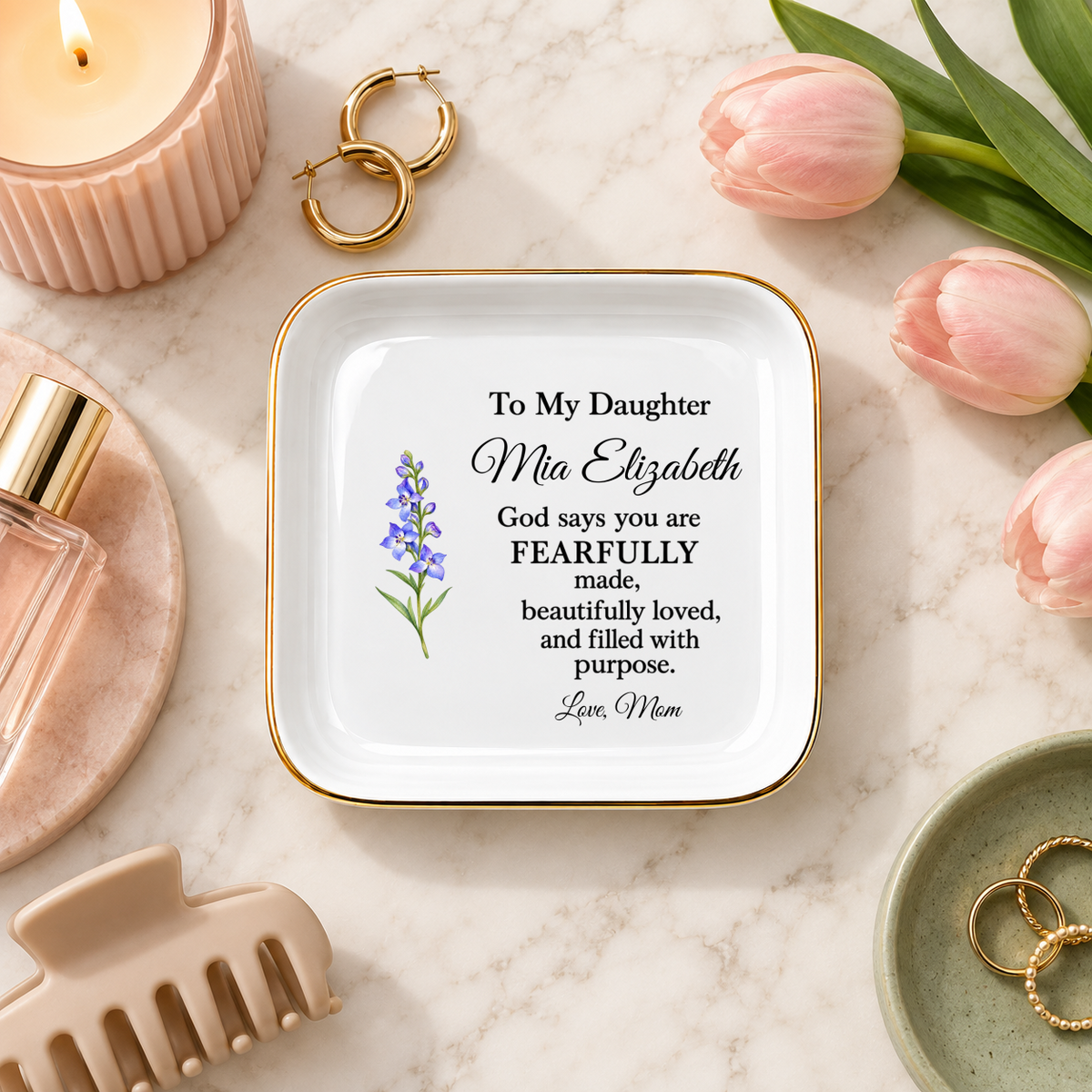 Personalized Daughter Jewelry Dish, Christian Gift from Mom, Fearfully Made Trinket Tray, Ring Holder, Faith Gift, Birthday Gift
