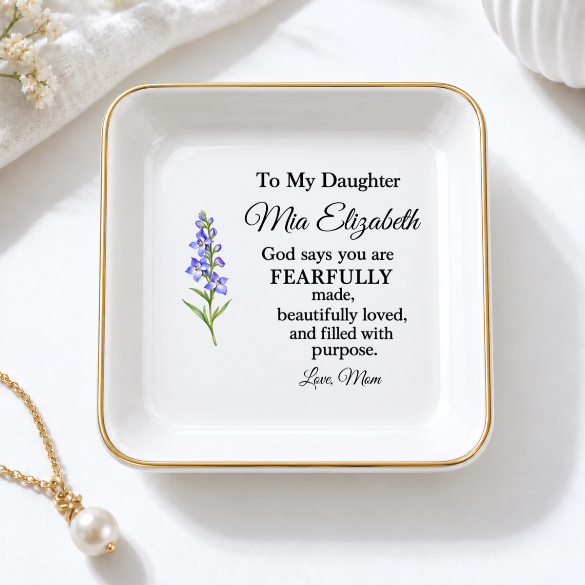 Personalized Daughter Jewelry Dish, Christian Gift from Mom, Fearfully Made Trinket Tray, Ring Holder, Faith Gift, Birthday Gift