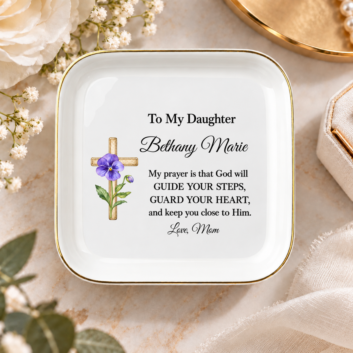 Ornate Cross and Daughter’s Prayer Jewelry Dish | Faith Inspired Ceramic Trinket Tray | Christian Gift from Mom