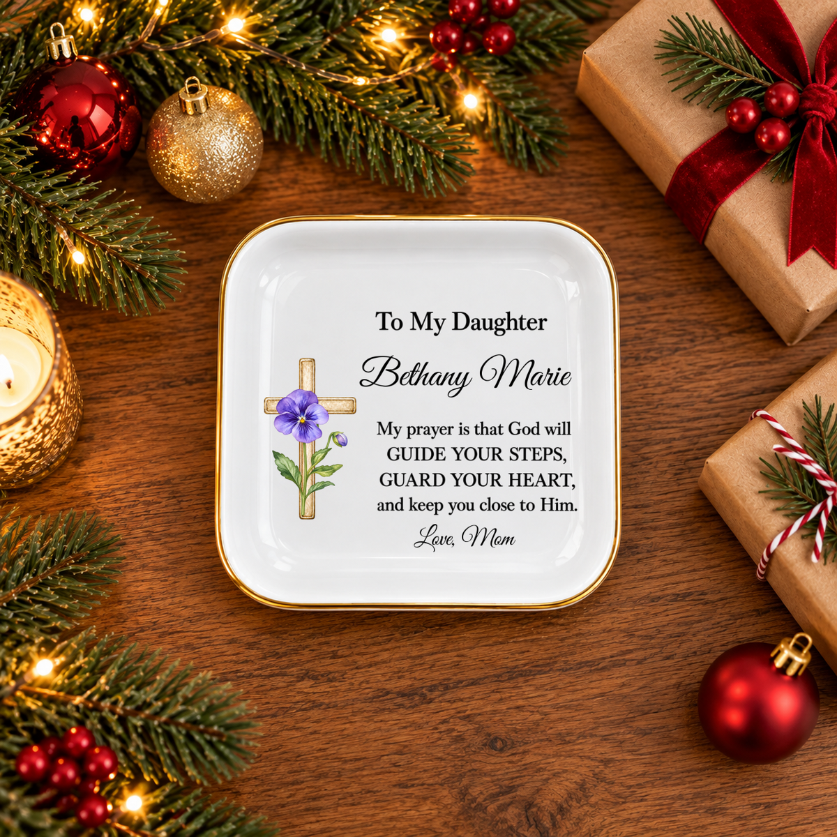 Ornate Cross and Daughter’s Prayer Jewelry Dish | Faith Inspired Ceramic Trinket Tray | Christian Gift from Mom